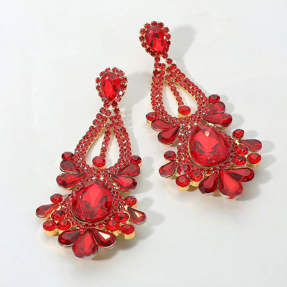 Madeline Love Gold, Red Teardrop Stone Cluster Statement Evening Earrings