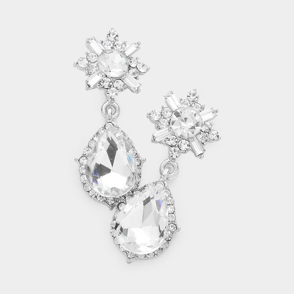 Madeline Love Rhodium Teardrop Crystal Rhinestone Trim Dangle Evening Earrings