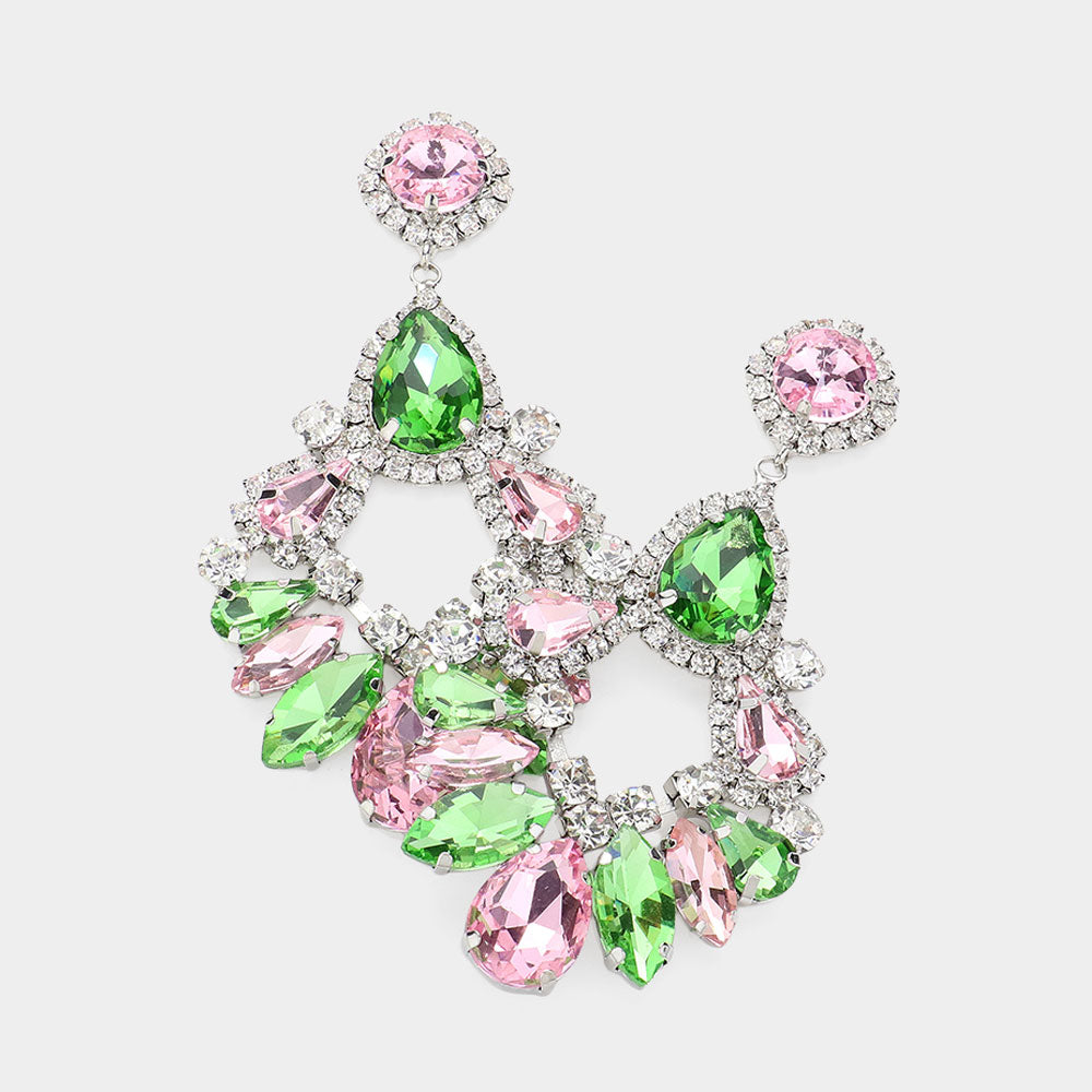 Madeline Love Pink&Green, Rhodium Teardrop Marquise Crystal Drop Evening Earrings