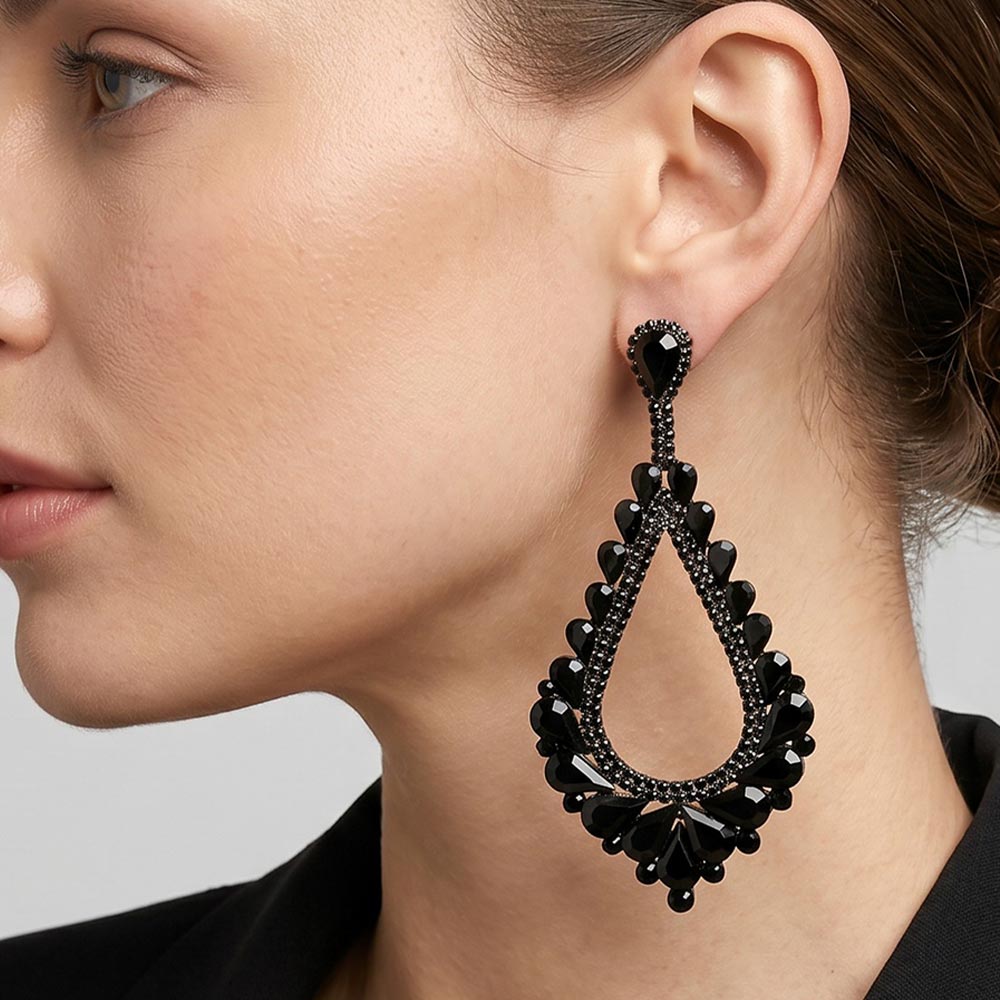 Madeline Love Jet Black Oversized Cutout Teardrop Cluster Vine Evening Earrings