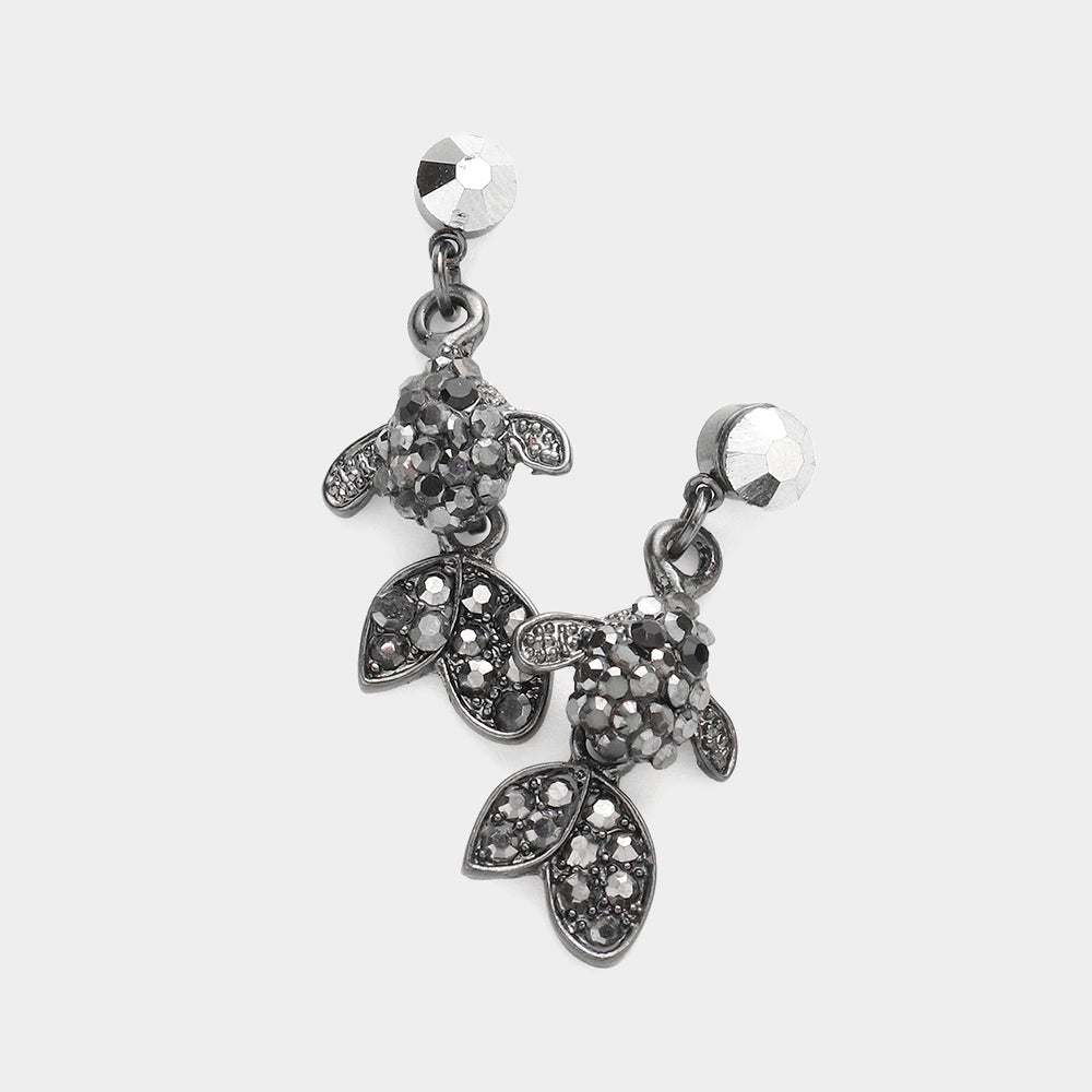 Hematite Crystal Rhinestone Fish Dangle Evening Earrings