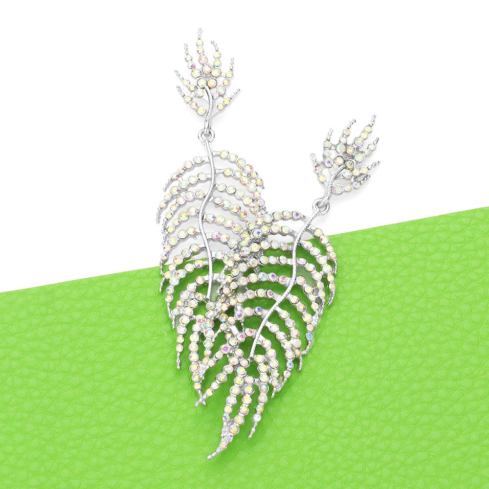 Madeline Love AB, Rhodium Crystal Rhinestone Leaf Drop Evening Earrings