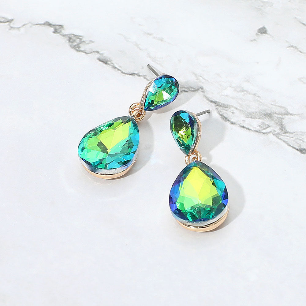 Madeline Love AB, Olive Green Glass Crystal Teardrop Dangle Earrings