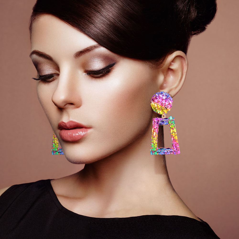 Madeline Love Gold, Multi Stone Embellished Chunky Open Rectangle Dangle Evening Earrings