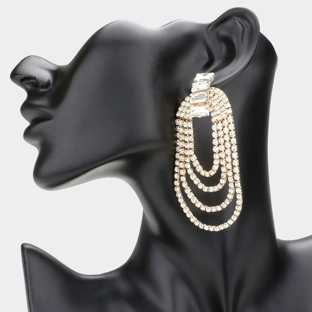 Madeline Love Gold Rectangle Stone Accented Draped Rhinestone Dangle Evening Earrings