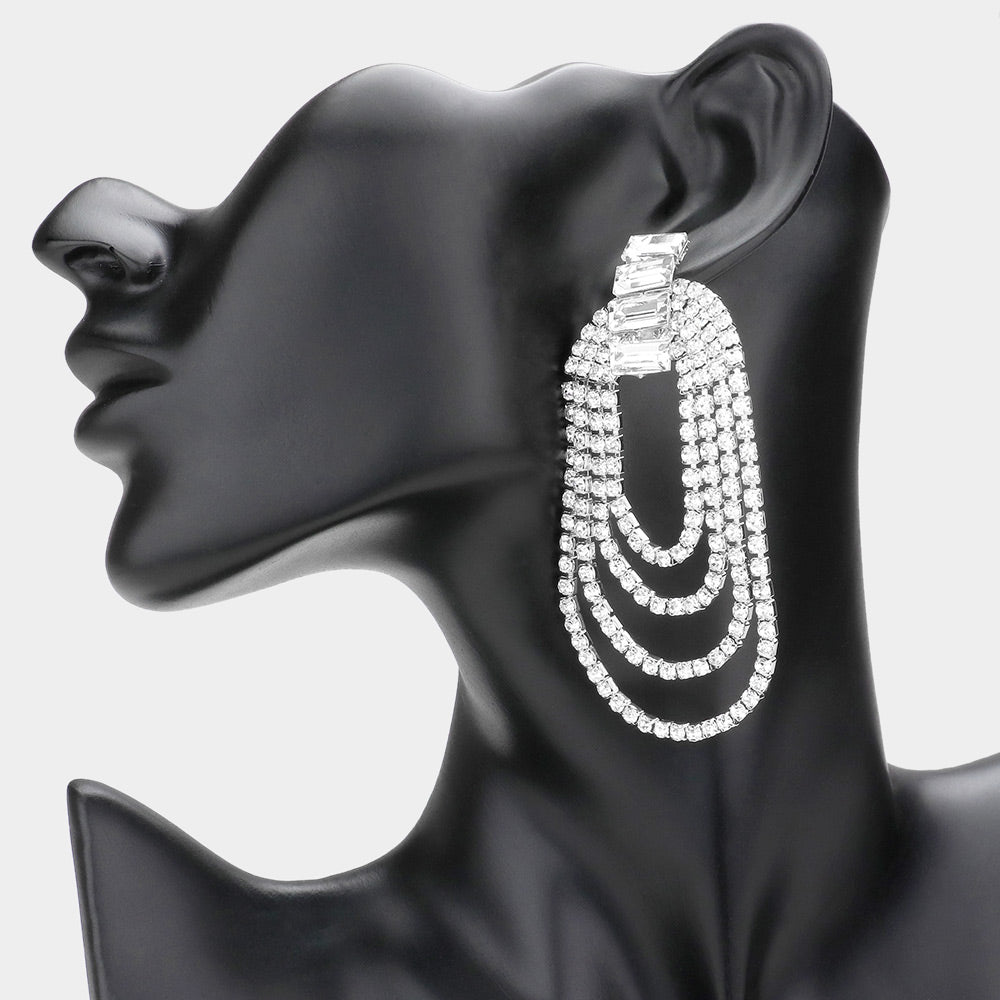 Madeline Love Rhodium Rectangle Stone Accented Draped Rhinestone Dangle Evening Earrings