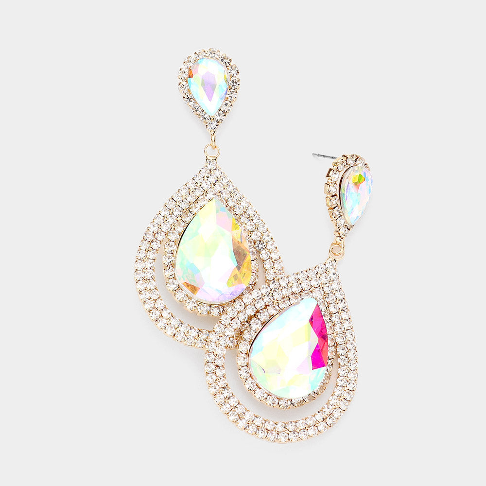Madeline Love AB, Gold Teardrop Stone Accented Rhinestone Trimmed Evening Dangle Earrings