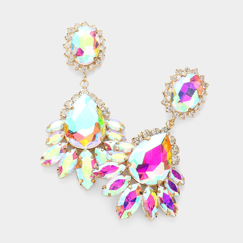 Madeline Love AB, Gold Teardrop Accented Marquise Stone Trimmed Dangle Evening Earrings