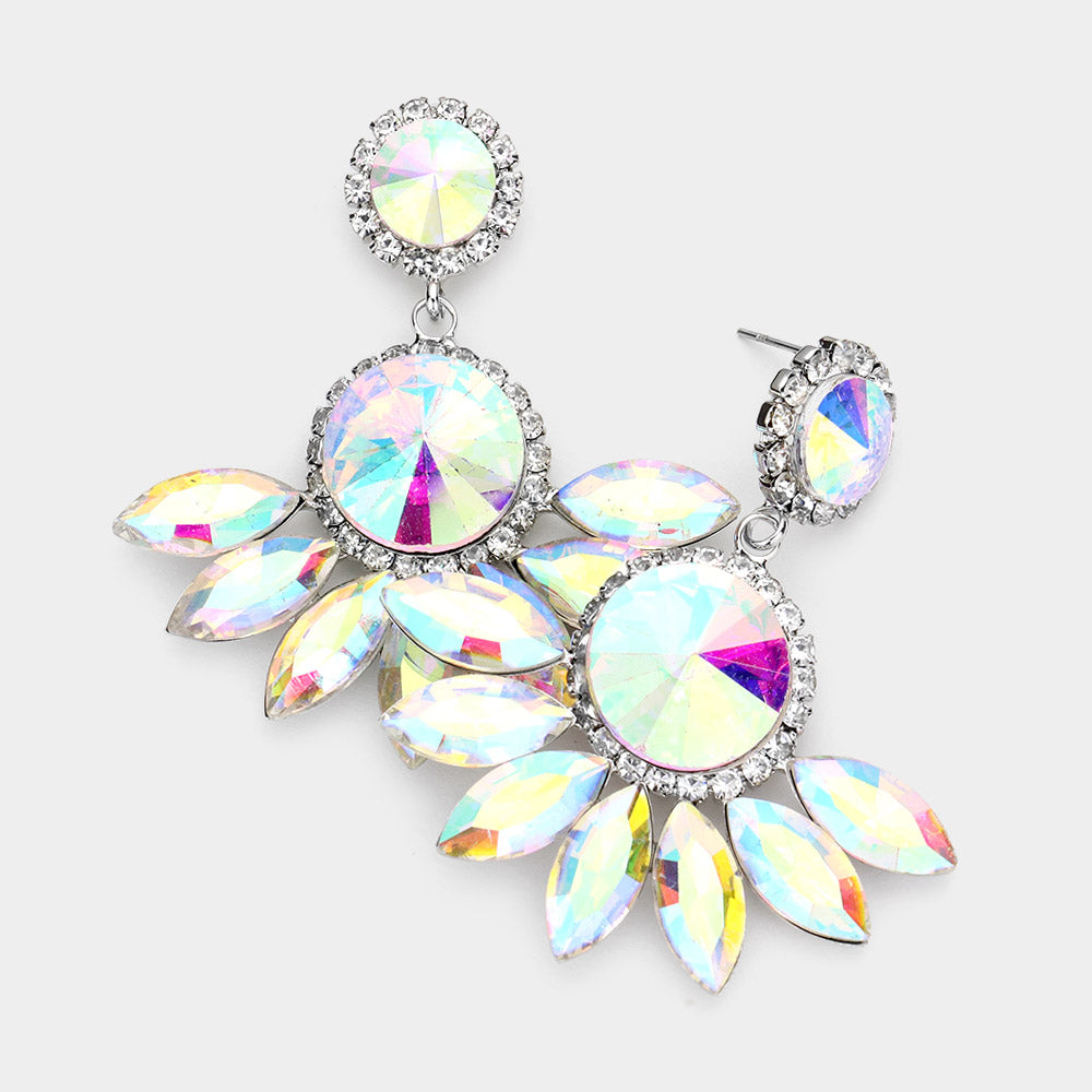 Madeline Love AB, Rhodium Round Centered Marquise Stone Cluster Dangle Evening Earrings