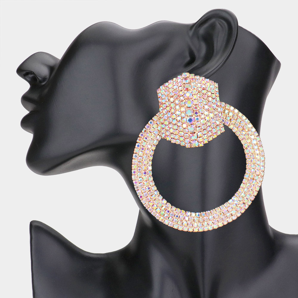 Madeline Love AB, Gold Rhinestone Pave Hexagon Open Circle Evening Earrings