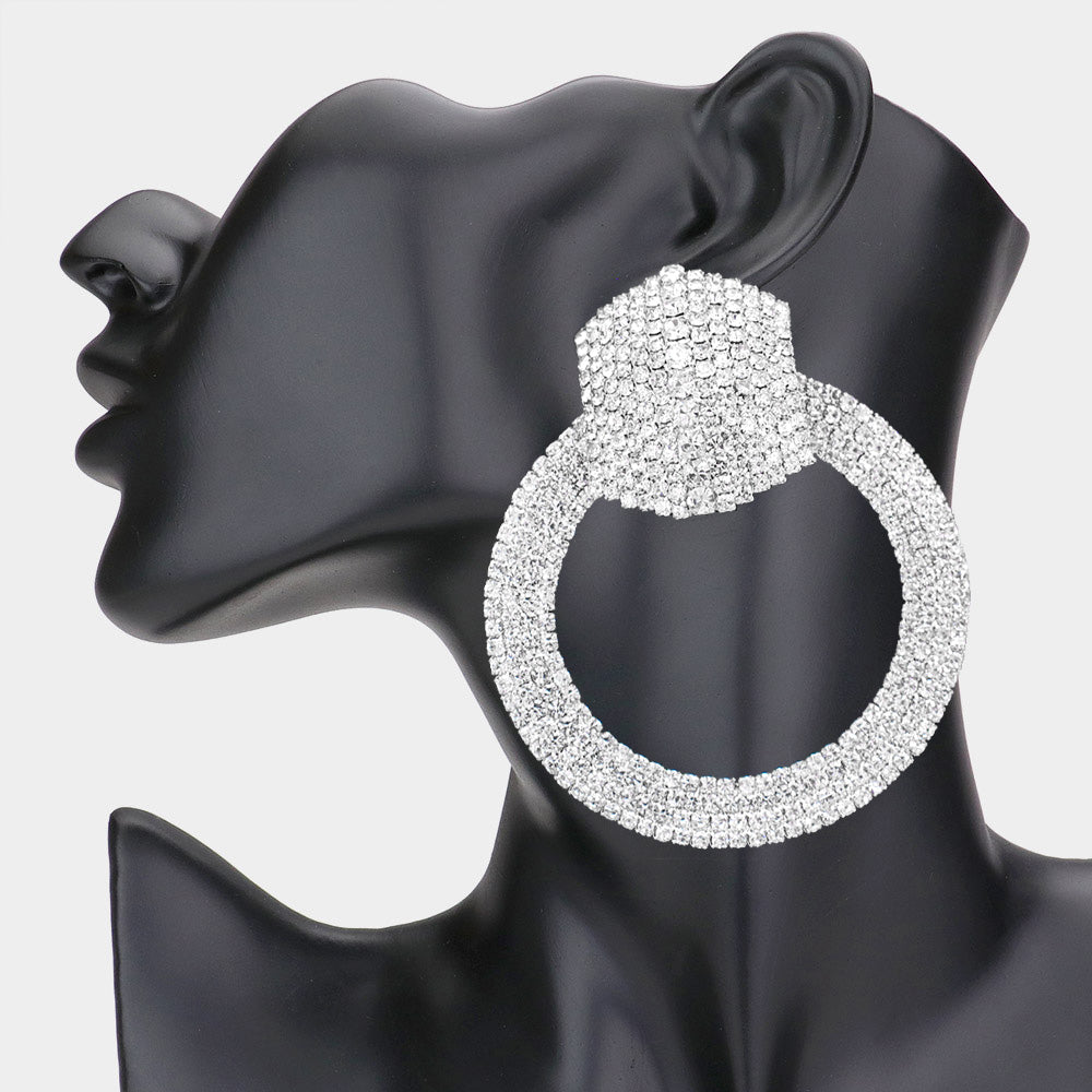 Madeline Love Rhodium Rhinestone Pave Hexagon Open Circle Evening Earrings