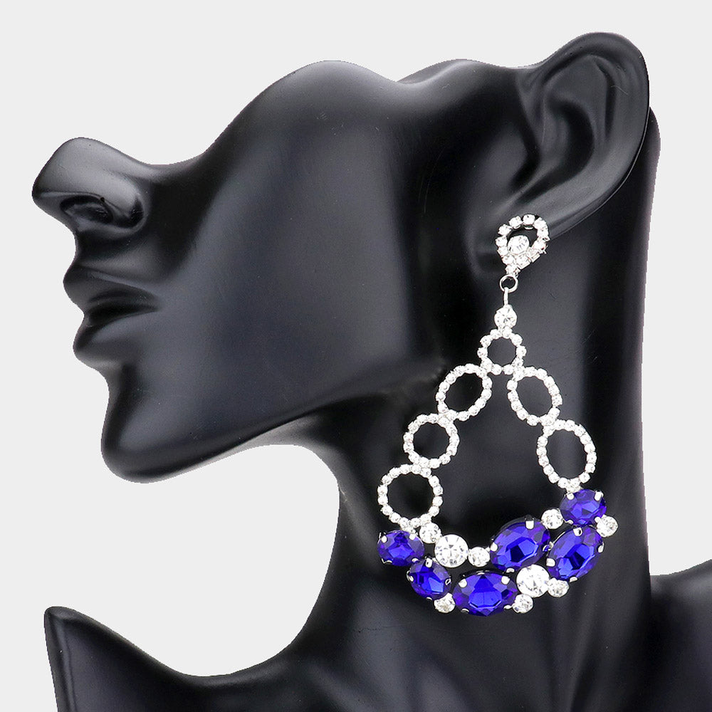 Madeline Love Blue, Rhodium Oval Stone Accented Teardrop Dangle Evening Earrings