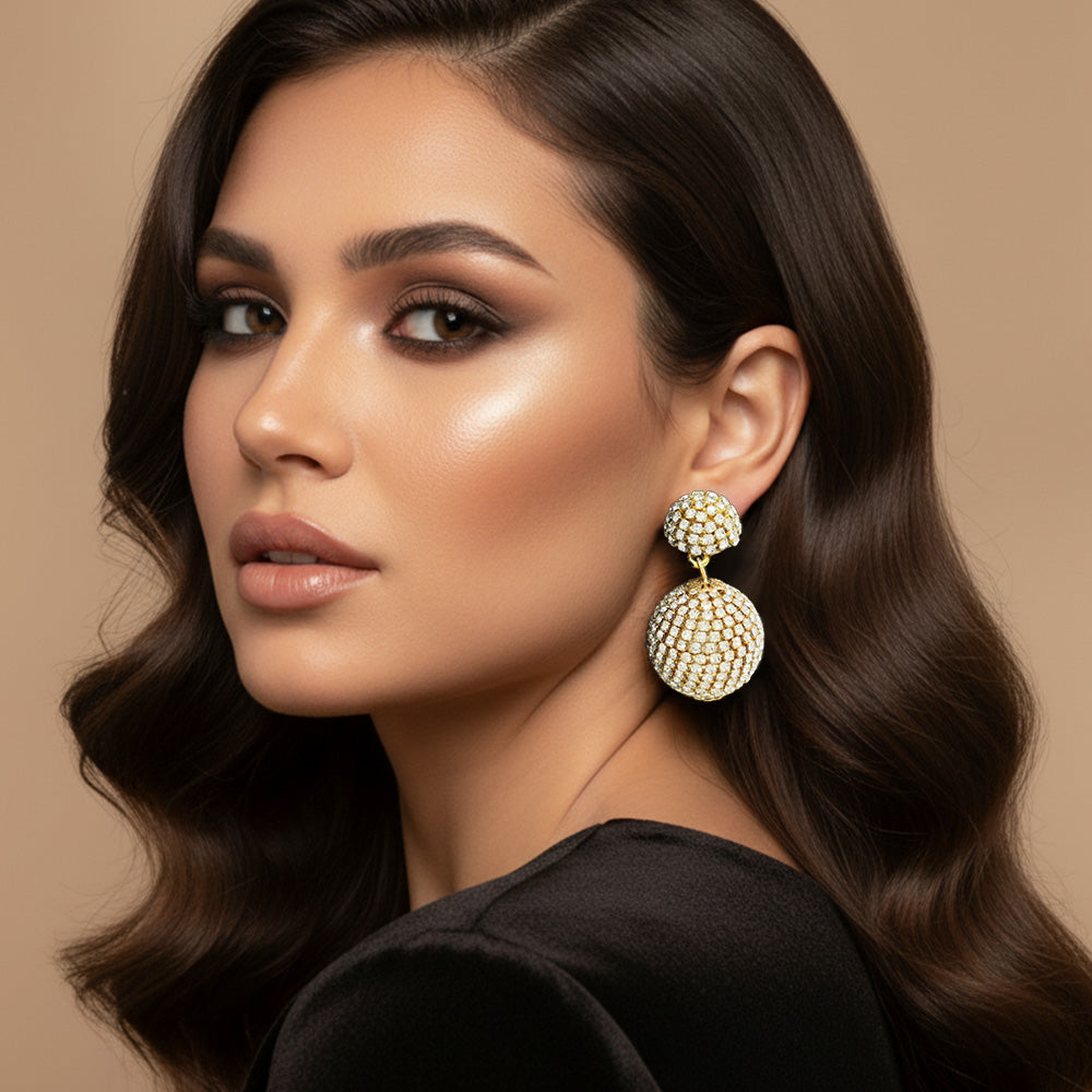 Madeline Love Clear, Gold Double Rhinestone Ball Dangle Evening Earrings