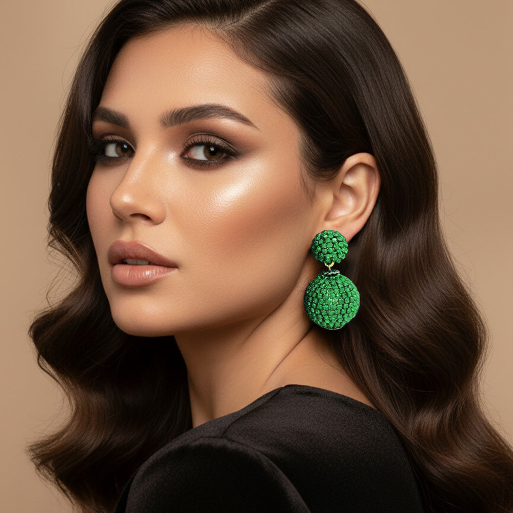 Madeline Love Emerald, Gold Double Rhinestone Ball Dangle Evening Earrings