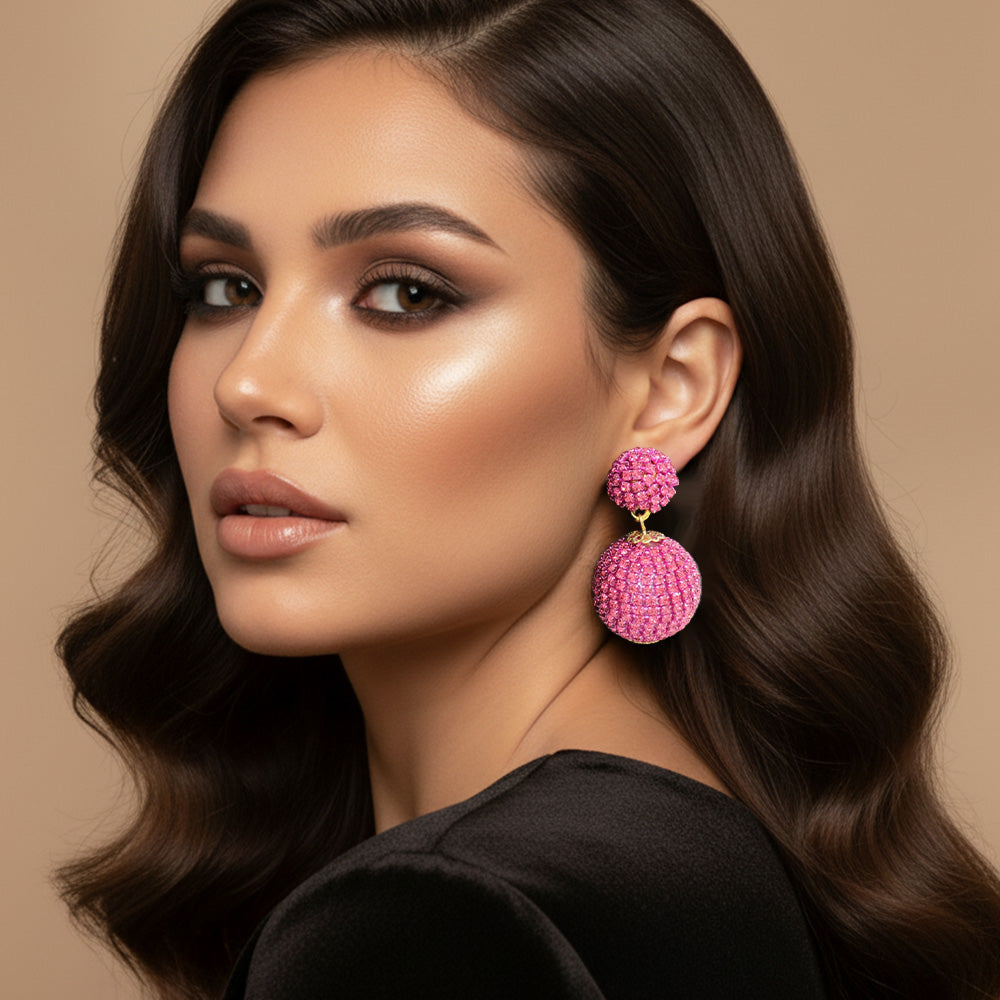 Madeline Love Fuchsia, Gold Double Rhinestone Ball Dangle Evening Earrings