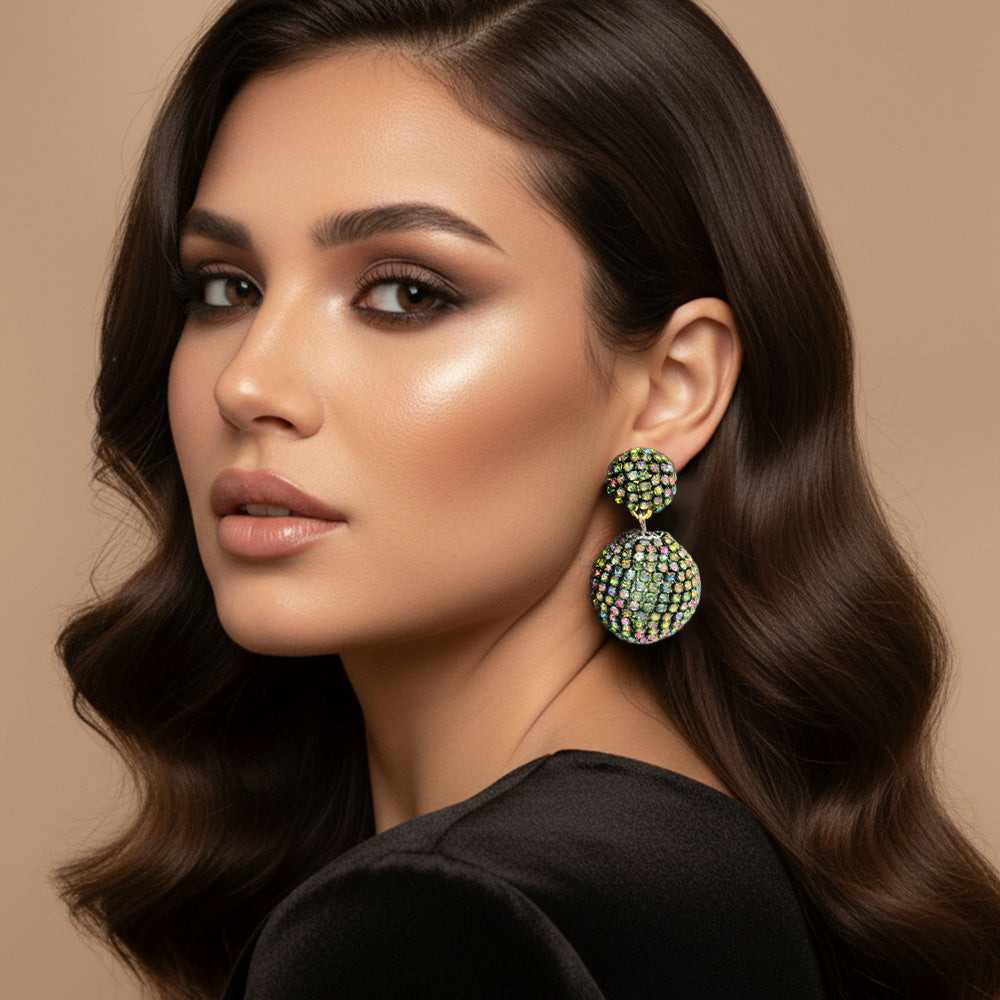 Madeline Love Gold, Green Double Rhinestone Ball Dangle Evening Earrings