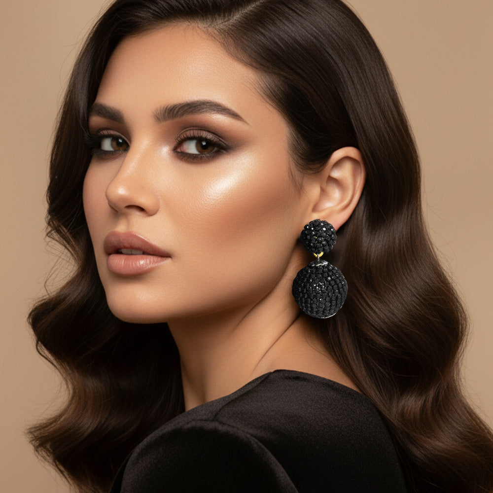 Madeline Love Gold, Jet Black Double Rhinestone Ball Dangle Evening Earrings
