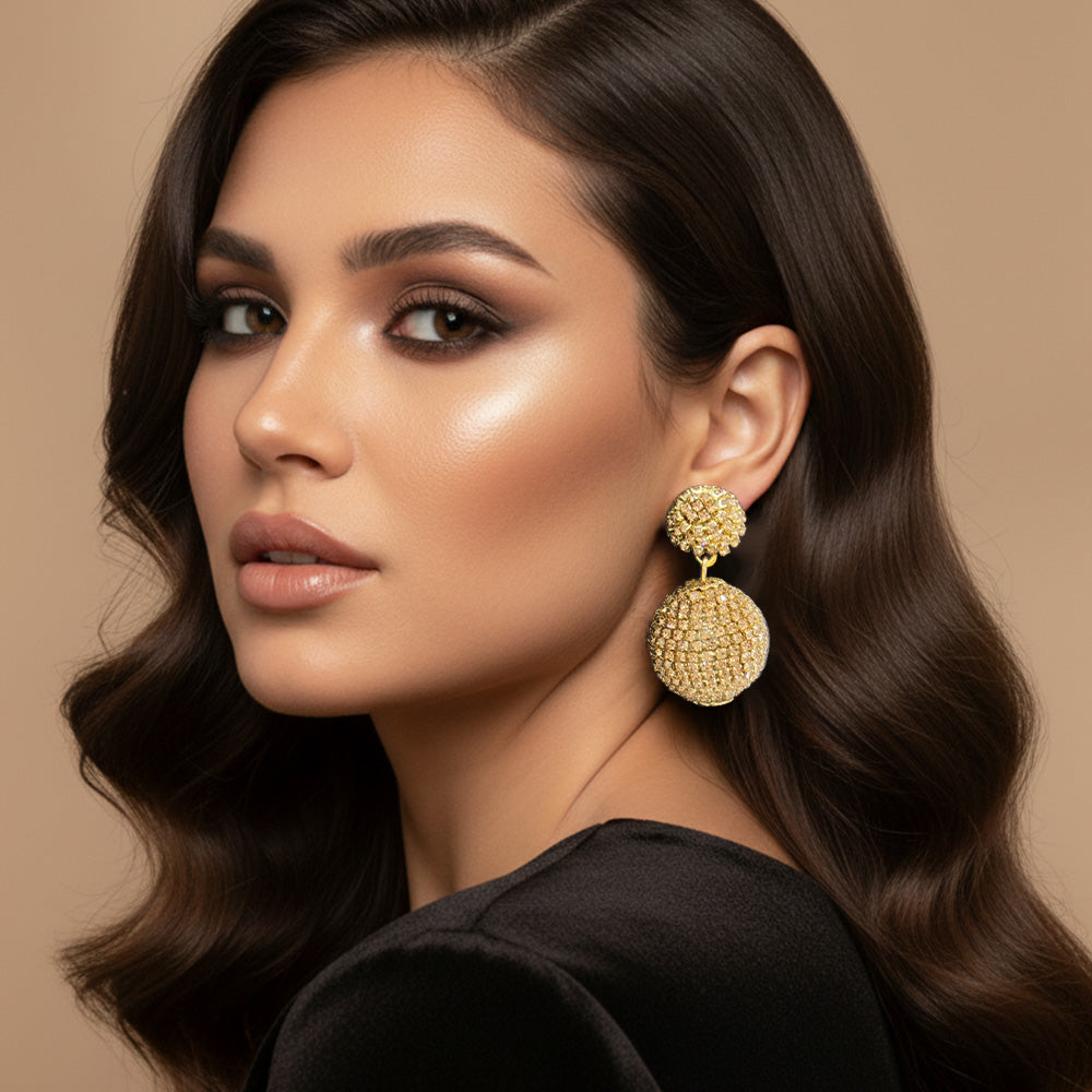 Madeline Love Gold, Lt Col Topaz Double Rhinestone Ball Dangle Evening Earrings