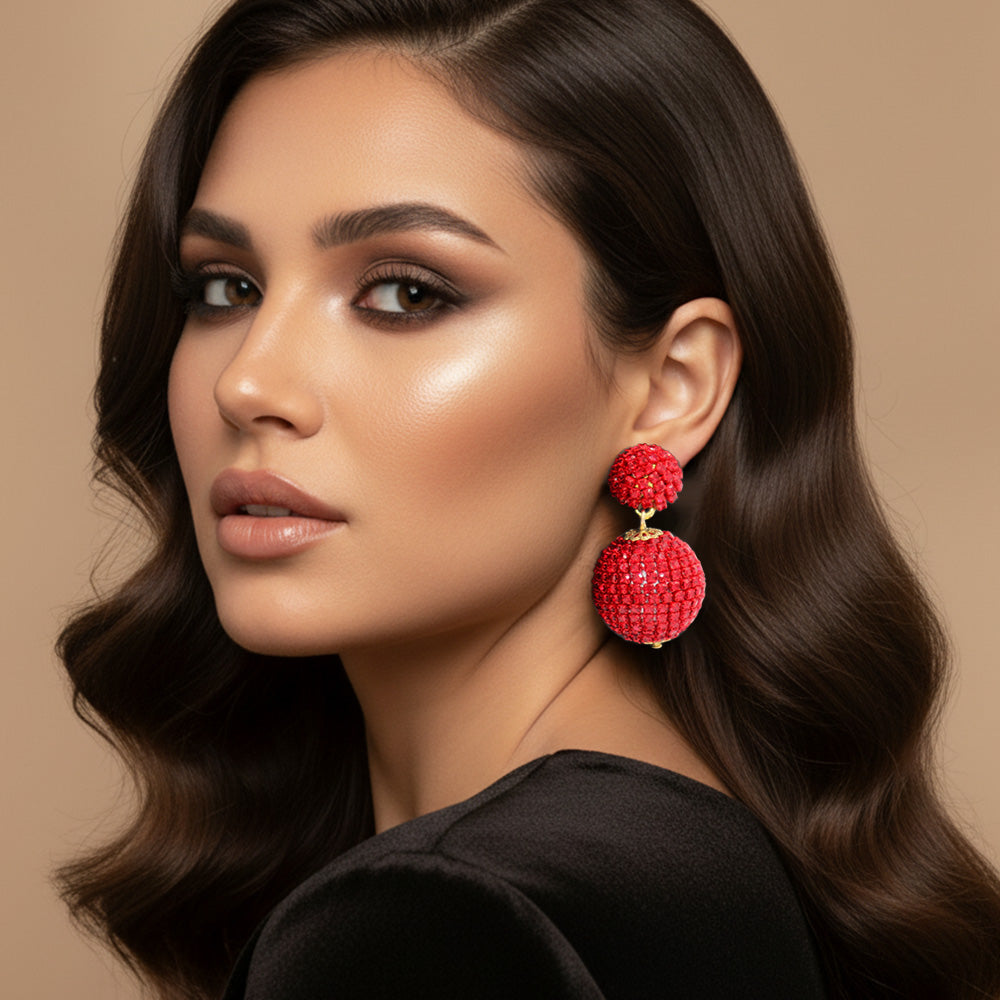 Madeline Love Gold, Siam Double Rhinestone Ball Dangle Evening Earrings