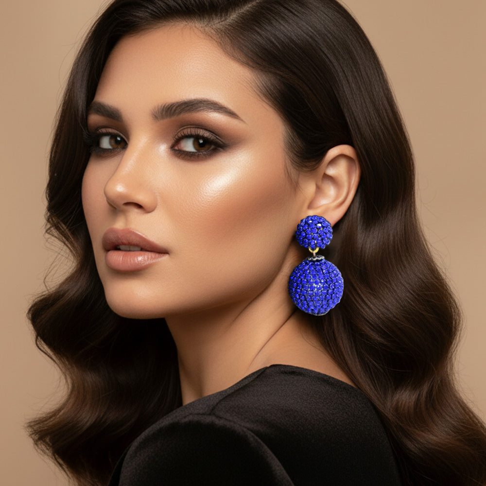 Madeline Love Gold, Sapphire Double Rhinestone Ball Dangle Evening Earrings