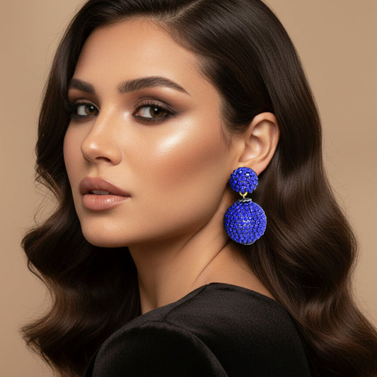 Madeline Love Gold, Sapphire Double Rhinestone Ball Dangle Evening Earrings