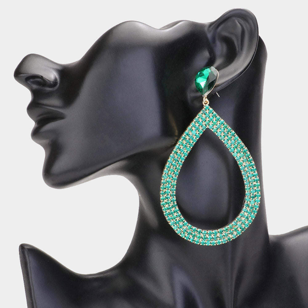 Madeline Love Emerald Rhinestone Pave Open Teardrop Dangle Evening Earrings