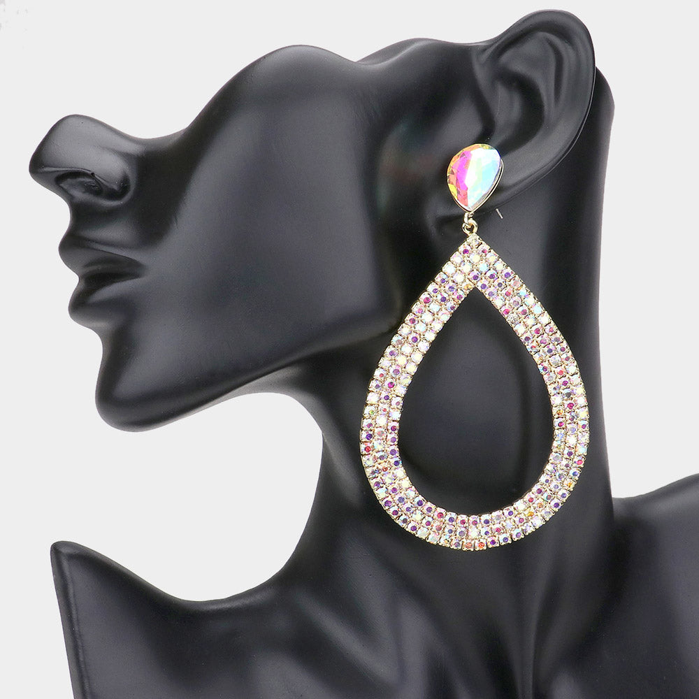 Madeline Love AB, Gold Rhinestone Pave Open Teardrop Dangle Evening Earrings