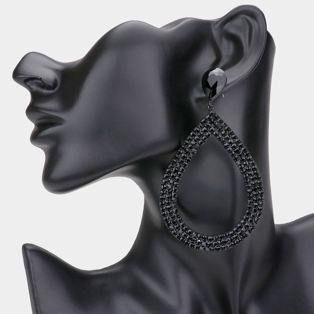 Madeline Love Jet Black Rhinestone Pave Open Teardrop Dangle Evening Earrings