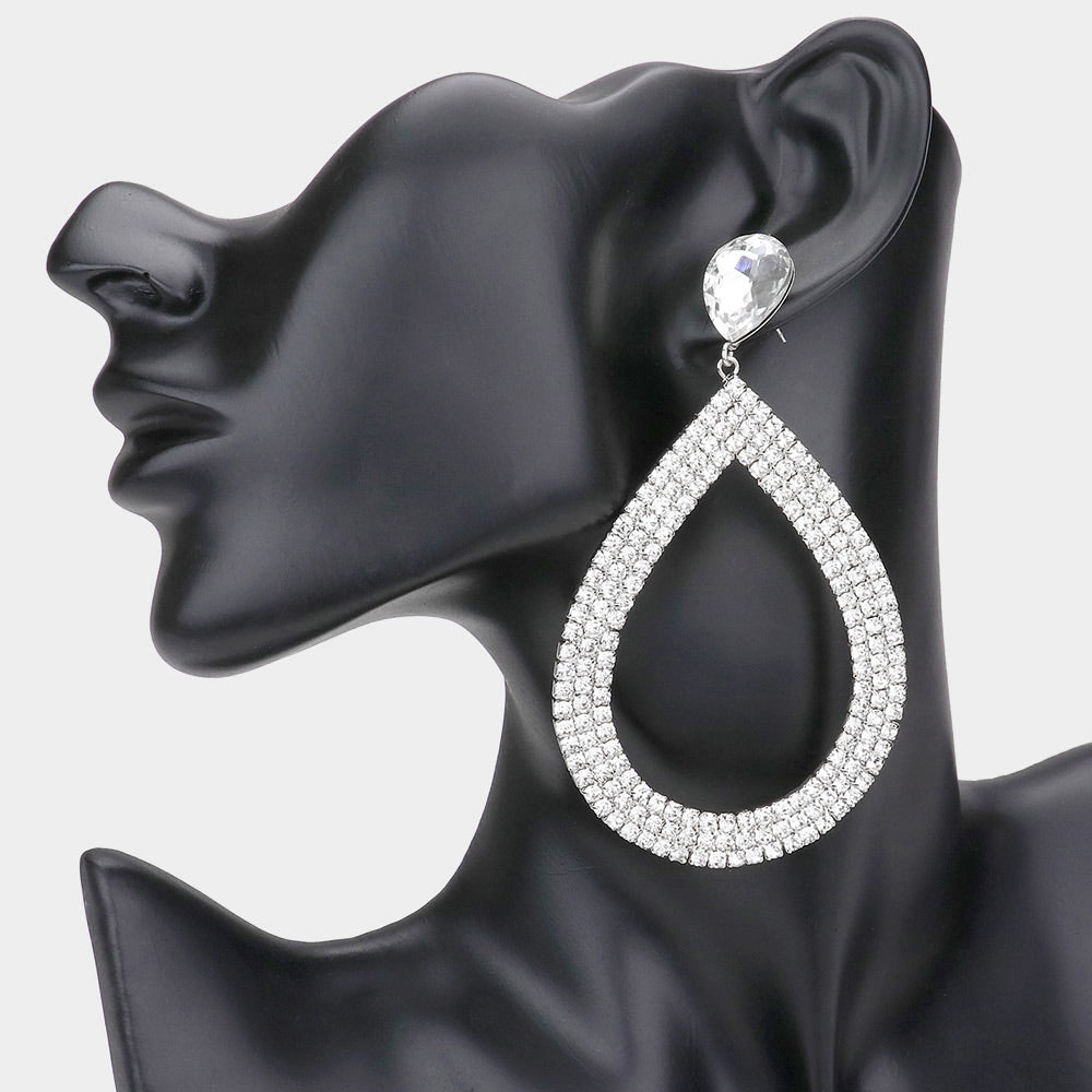 Madeline Love Silver Rhinestone Pave Open Teardrop Dangle Evening Earrings