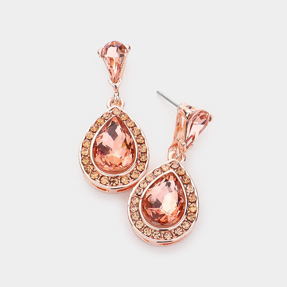 Madeline Love Peach Rhinestone Trimmed Teardrop Stone Accented Dangle Evening Earrings
