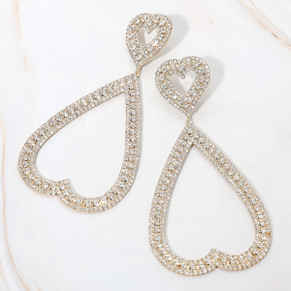 Madeline Love Clear, Gold Bold Rhinestone Studded Open Heart Drop Dangle Statement Evening Earrings