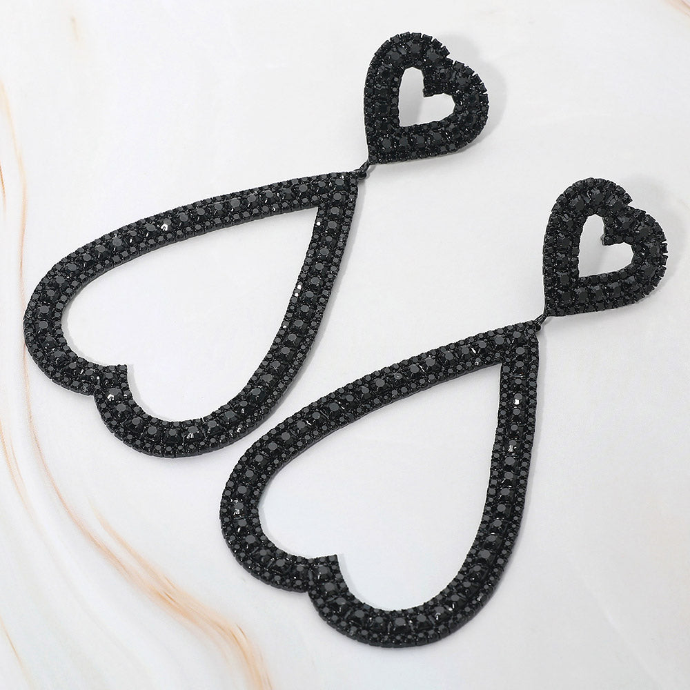 Madeline Love Jet Black Bold Rhinestone Studded Open Heart Drop Dangle Statement Evening Earrings