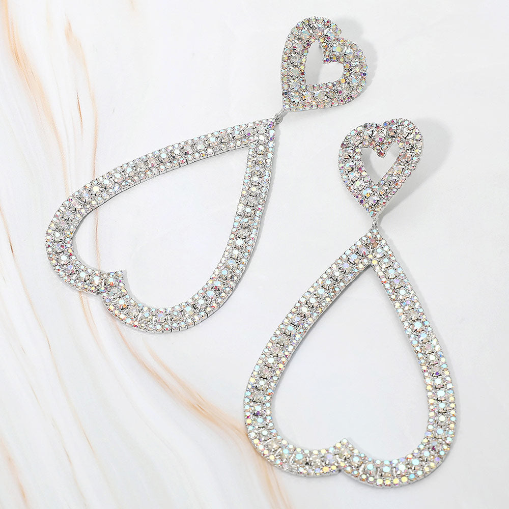 Madeline Love AB, Silver Bold Rhinestone Studded Open Heart Drop Dangle Statement Evening Earrings