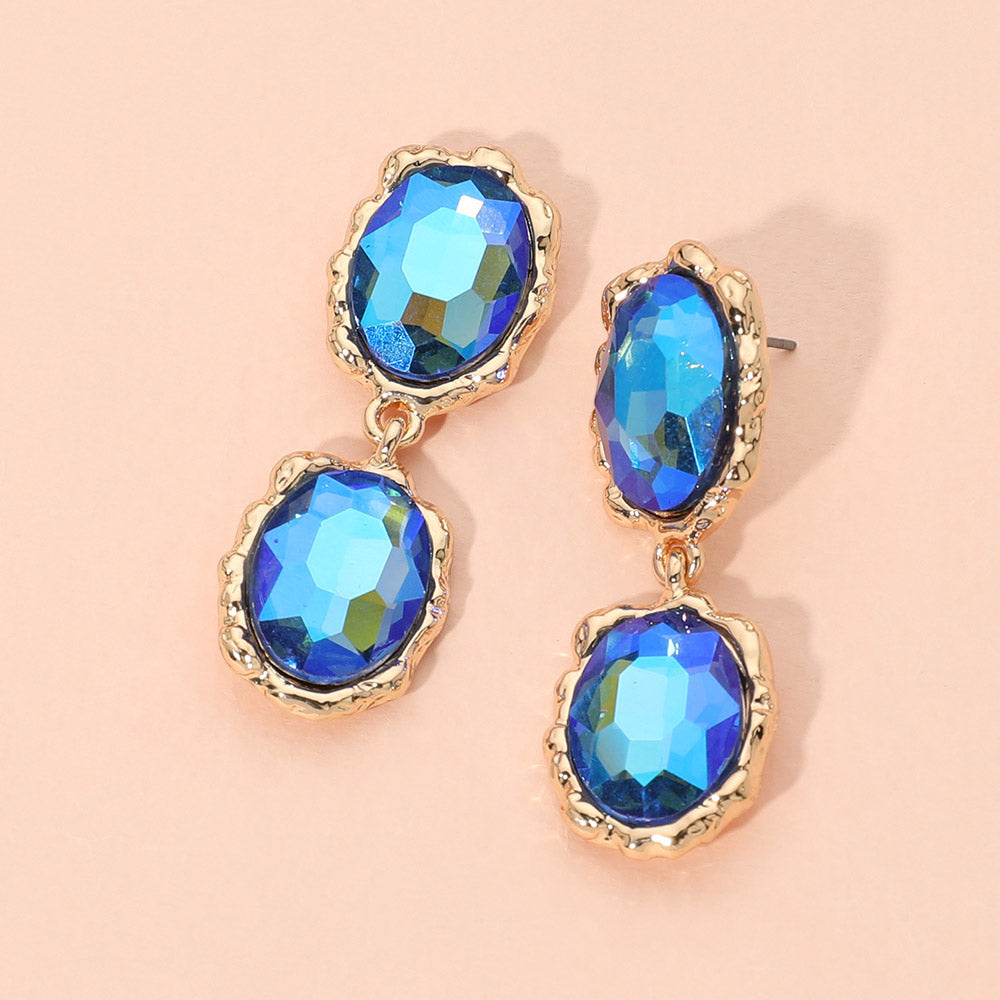 Madeline Love AB, Blue Double Faceted Oval Stone Link Drop Evening Earrings