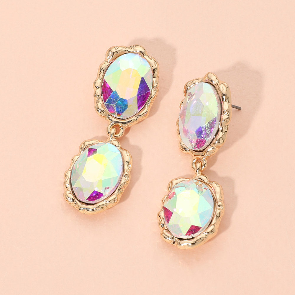 Madeline Love AB, Gold Double Faceted Oval Stone Link Drop Evening Earrings