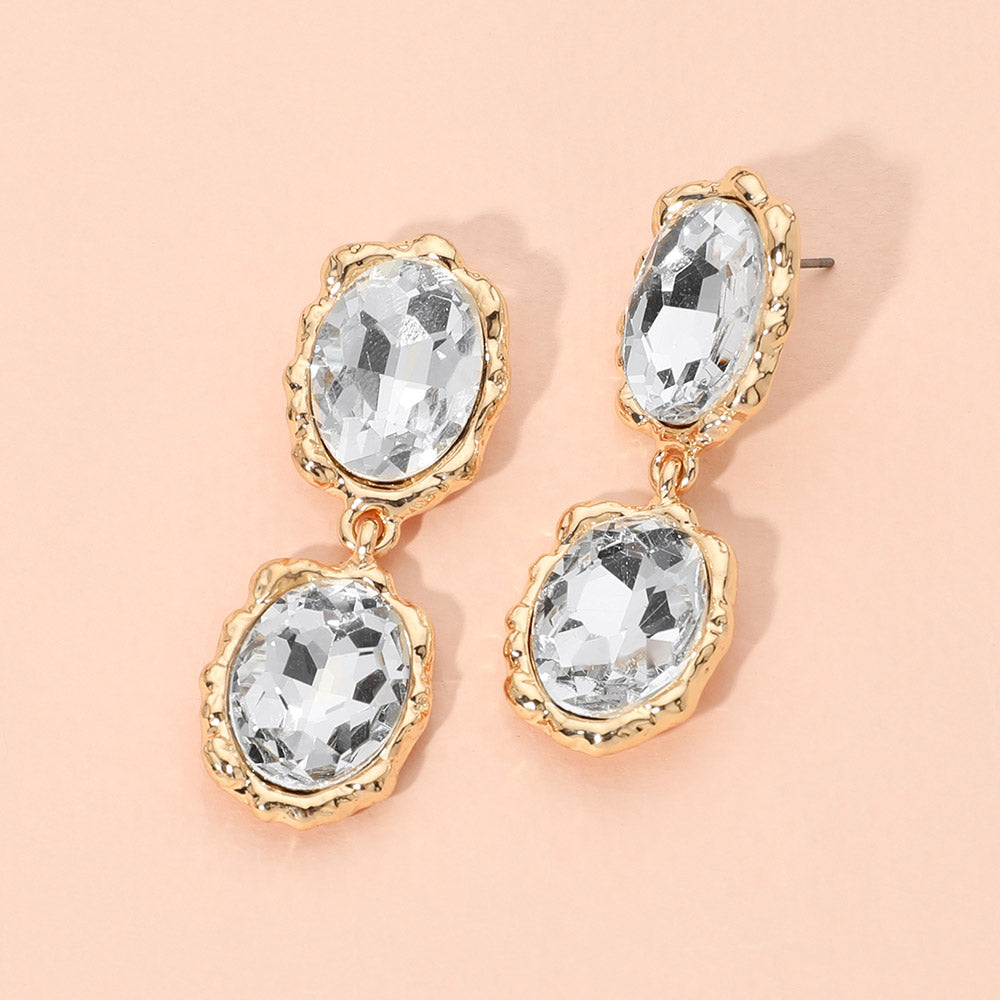 Madeline Love Clear, Gold Double Faceted Oval Stone Link Drop Evening Earrings