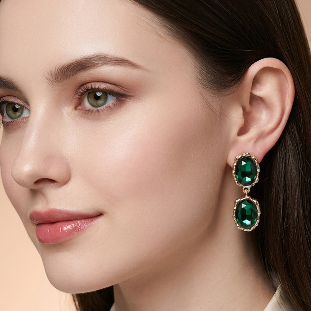 Madeline Love Emerald, Gold Double Faceted Oval Stone Link Drop Evening Earrings