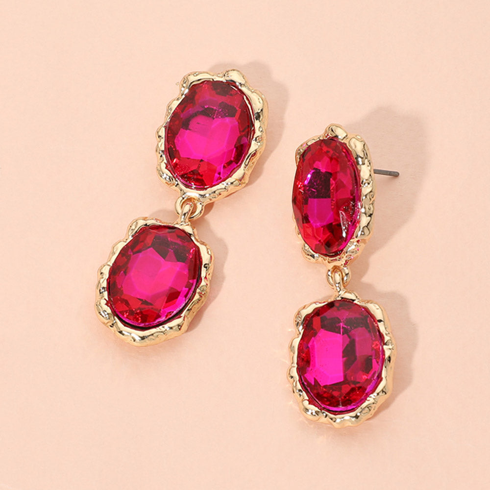 Madeline Love Fuchsia, Gold Double Faceted Oval Stone Link Drop Evening Earrings