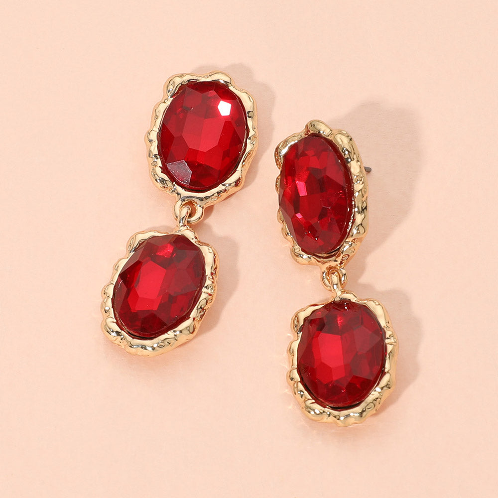 Madeline Love Gold, Siam Double Faceted Oval Stone Link Drop Evening Earrings