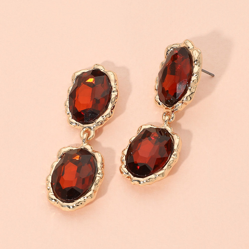 Madeline Love Gold, Smoked Topaz Double Faceted Oval Stone Link Drop Evening Earrings