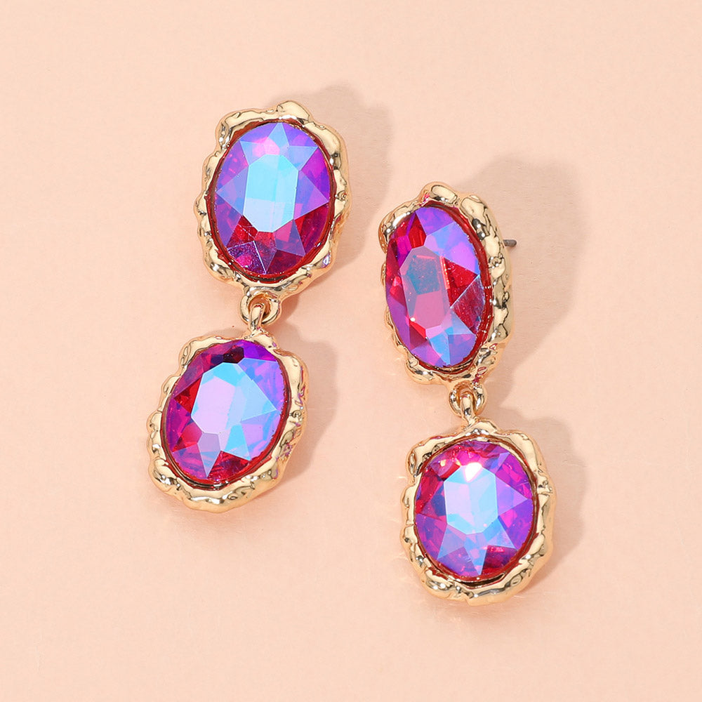 Madeline Love AB, Pink Double Faceted Oval Stone Link Drop Evening Earrings