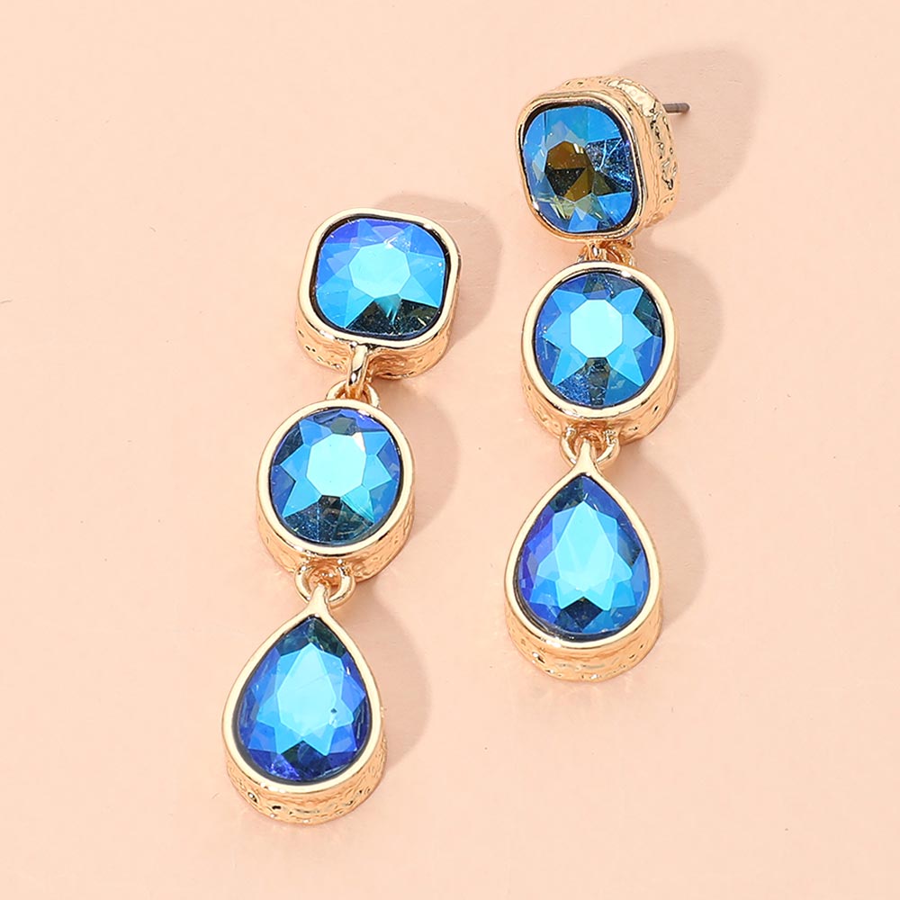 Madeline Love AB, Blue Square Oval Teardrop Gem Link Drop Evening Earrings