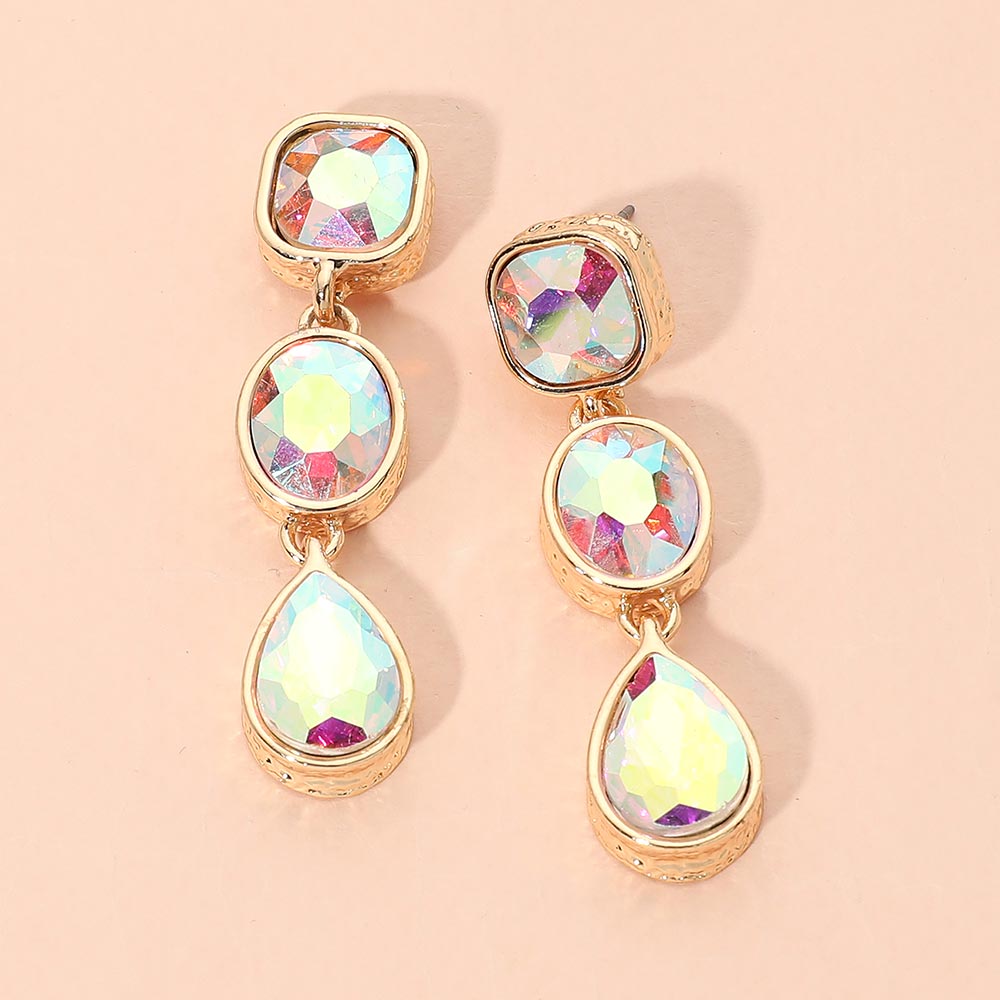 Madeline Love AB, Gold Square Oval Teardrop Gem Link Drop Evening Earrings