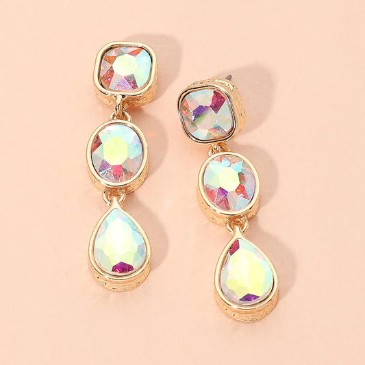 Madeline Love AB, Gold Square Oval Teardrop Gem Link Drop Evening Earrings