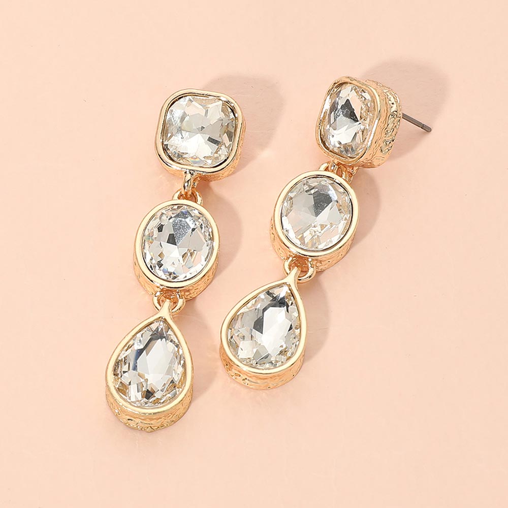 Madeline Love Clear, Gold Square Oval Teardrop Gem Link Drop Evening Earrings
