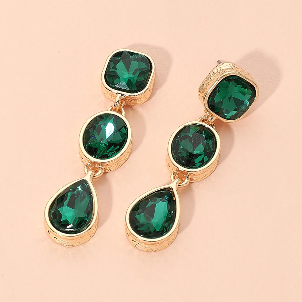 Madeline Love Emerald, Gold Square Oval Teardrop Gem Link Drop Evening Earrings