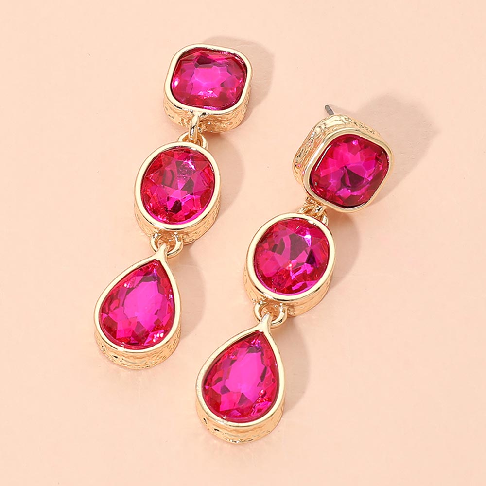 Madeline Love Fuchsia, Gold Square Oval Teardrop Gem Link Drop Evening Earrings