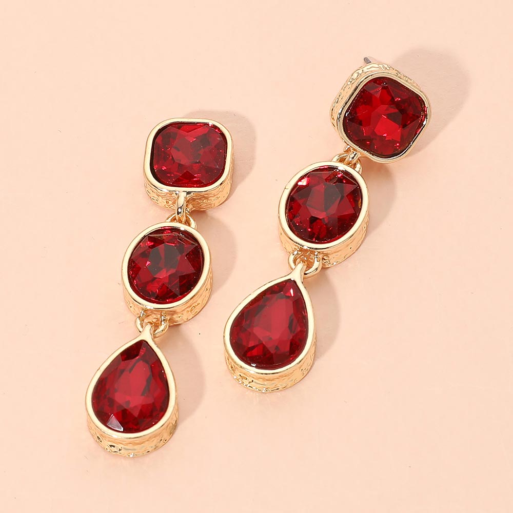 Madeline Love Gold, Siam Square Oval Teardrop Gem Link Drop Evening Earrings