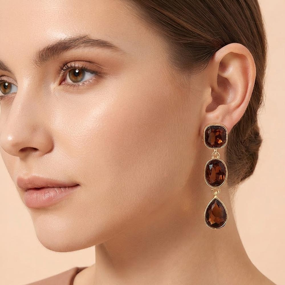 Madeline Love Gold, Smoked Topaz Square Oval Teardrop Gem Link Drop Evening Earrings