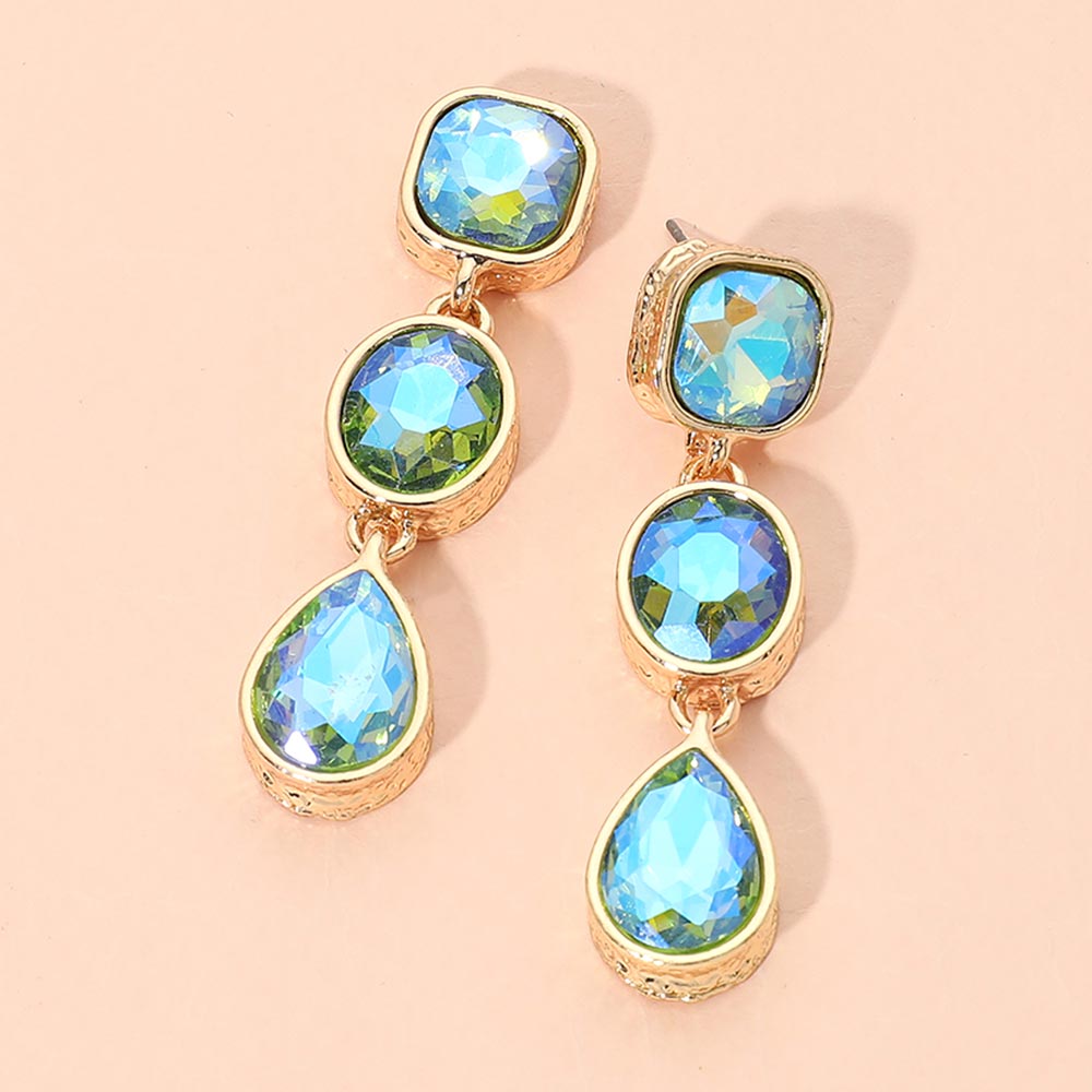 Madeline Love AB, Green Square Oval Teardrop Gem Link Drop Evening Earrings